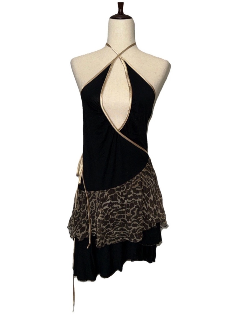 Marciano Black Wrap Dress With Leopard Ruffle Size Small